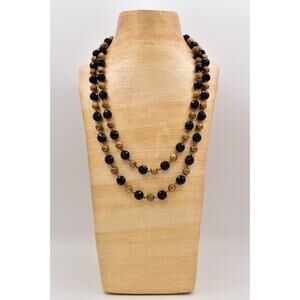 Freirich Vintage Crystal Beaded Necklace Black Antiqued Gold Signed 1960s BinBD